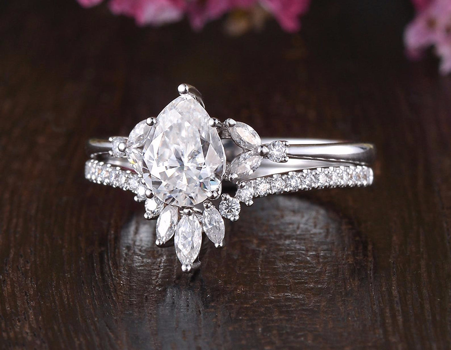 0.75 CT Pear Cluster Moissanite Bridal Ring Set 5