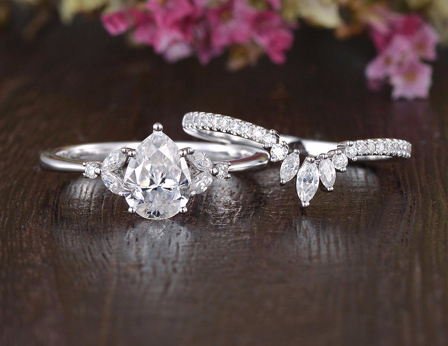 0.75 CT Pear Cluster Moissanite Bridal Ring Set 7